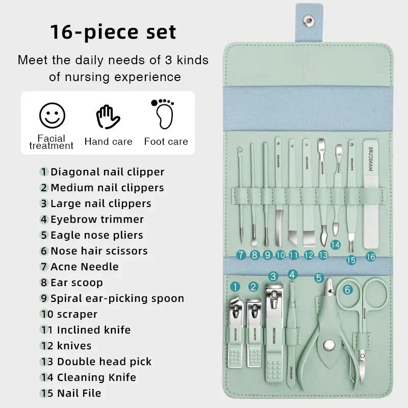16 PCS Professional Stainless Steel Nail Clipper Manicure Pedicure Set With Leather Case - Image 11